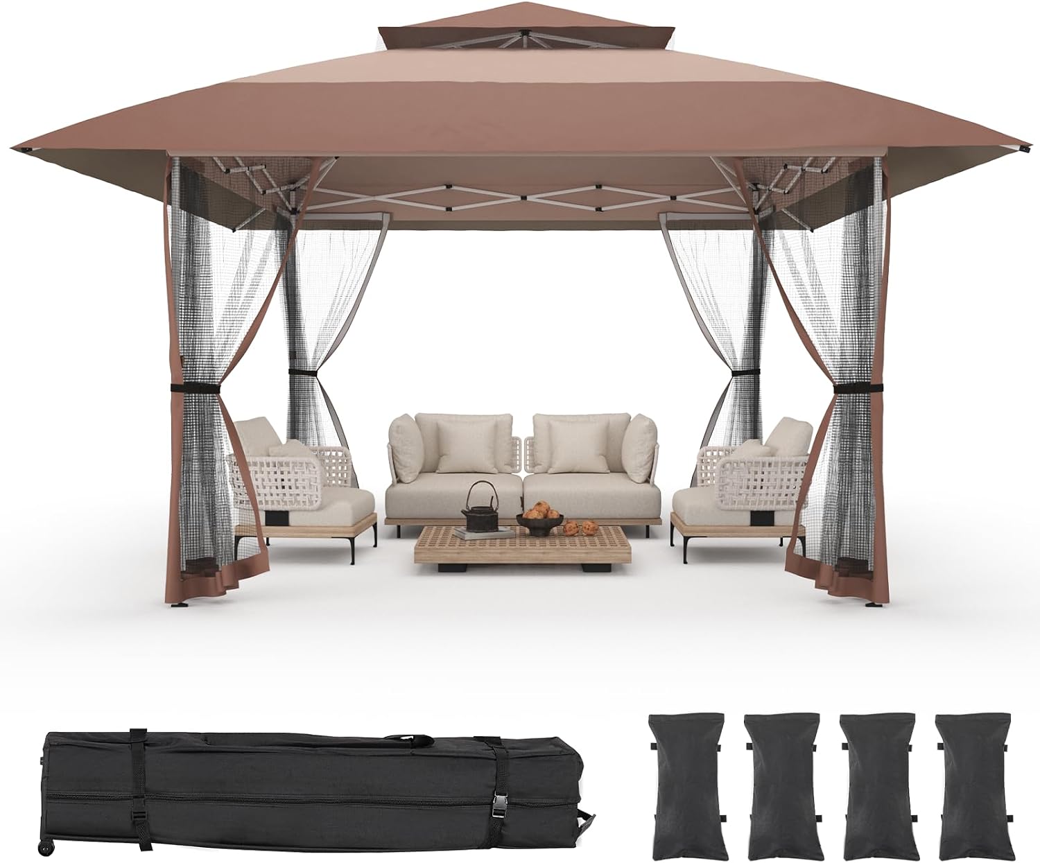 11x11 Pop Up Gazebo Outdoor Canopy Shelter with 4 Sandbags, Instant Patio Gazebo Sun Shade Canopy Tent, Double Tiers & Mesh Netting for Lawn, Garden, Backyard & Deck, Coffee