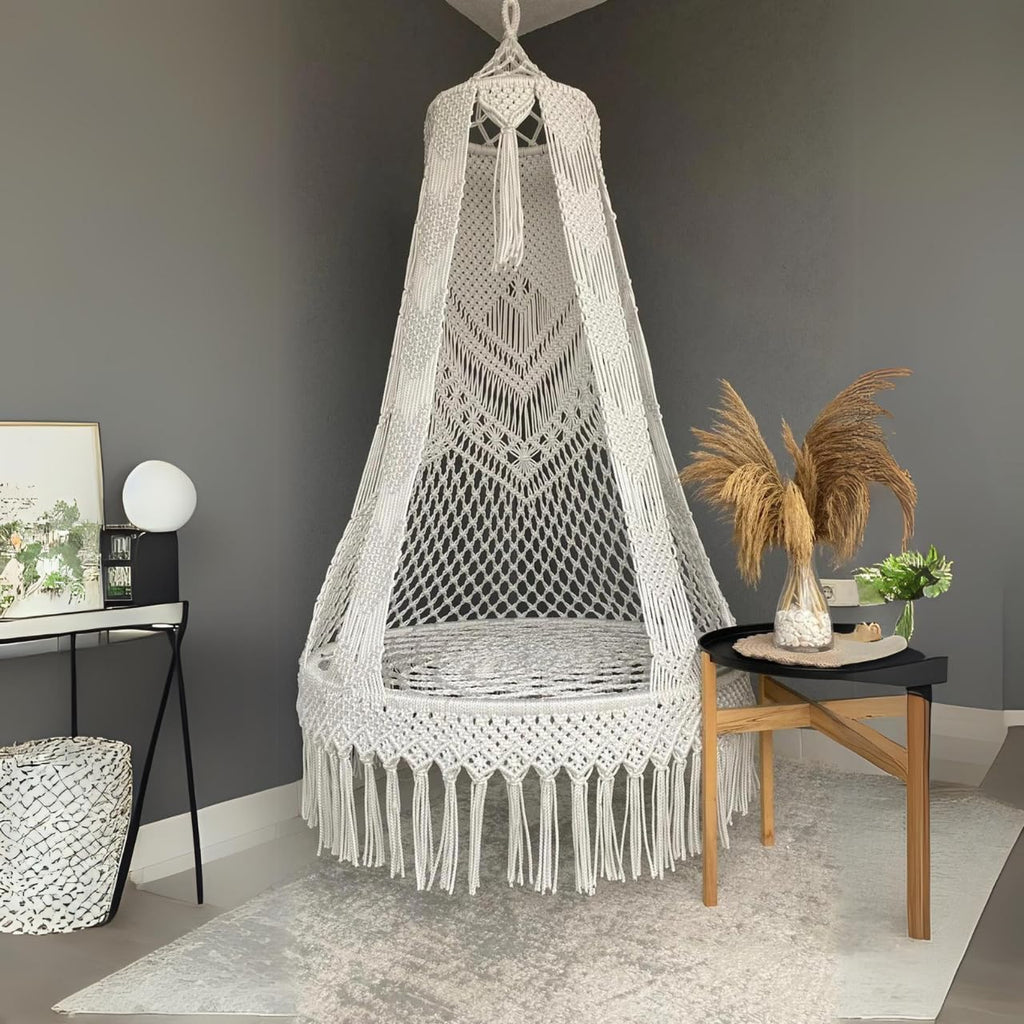 Premium Cotton Macrame Swing Hammock Chair for Adults & Kids – Indoor & Outdoor Hanging Jhula for Patio, Balcony, Deck, Living Room – Boho Style, Large Size, 353Lbs Capacity