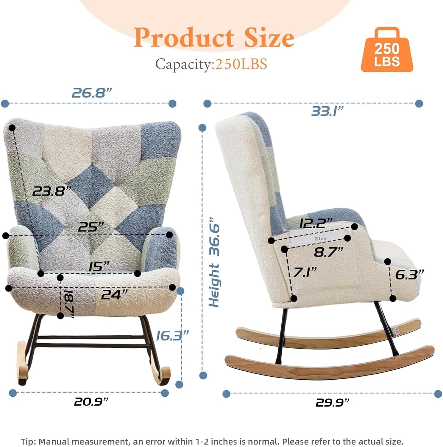 Nursery Rocking Chair Teddy Upholstered Glider Rocker Rocking Accent Chair with High Backrest Armchair Comfy Side Chair for Living Room, Bedroom, Offices (Spliced Blue)