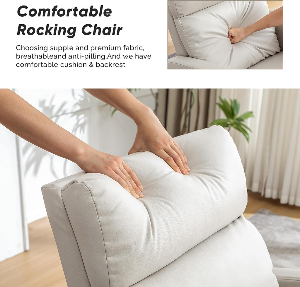 Rocking Chair Nursery, Uplostered Leather Rocker Nursing Chairs with Wood Legs and Side Pocket, Comfortable Glider Roking Chair for Nursery, Living Room, Bedroom, Leather Beige