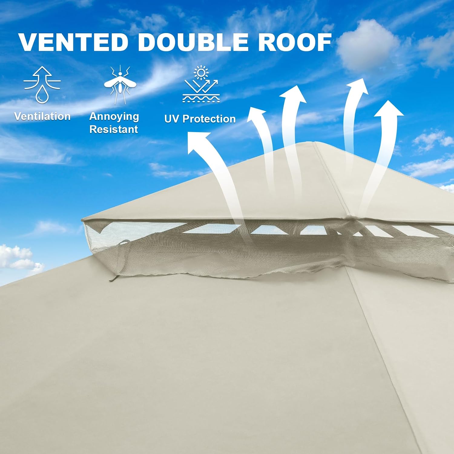 10x12 Outdoor Gazebo Tent with Netting, Double Roof Patio Gazebo with Soft Fabric Top, Outdoor Pavilion for Backyard Patio Garden Lawn, Beige