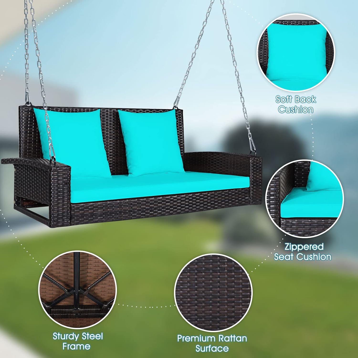 Tangkula 2-Person Wicker Hanging Porch Swing, Patiojoy Outdoor Rattan Swing Bench W/ 2 Back Cushions & 1 Seat Cushion, Sturdy Steel Chain, 800lbs Weight Capacity, Suitable for Deck, Backyard, Garden