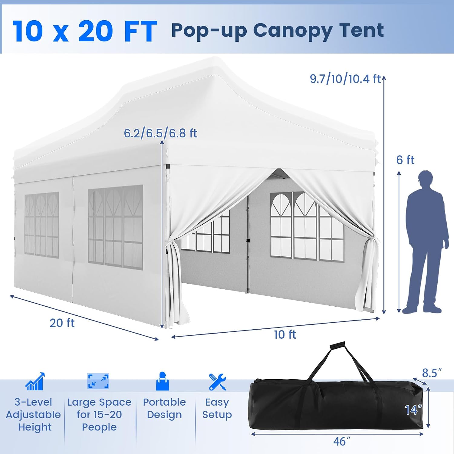 HAPPYGRILL 10x20FT Pop-up Canopy with Detachable Sidewalls, Instant Canopy Tent with Carrying Bag, UPF50+ Sun Protection, Easy Setup Gazebo for Outdoor Party Wedding, White