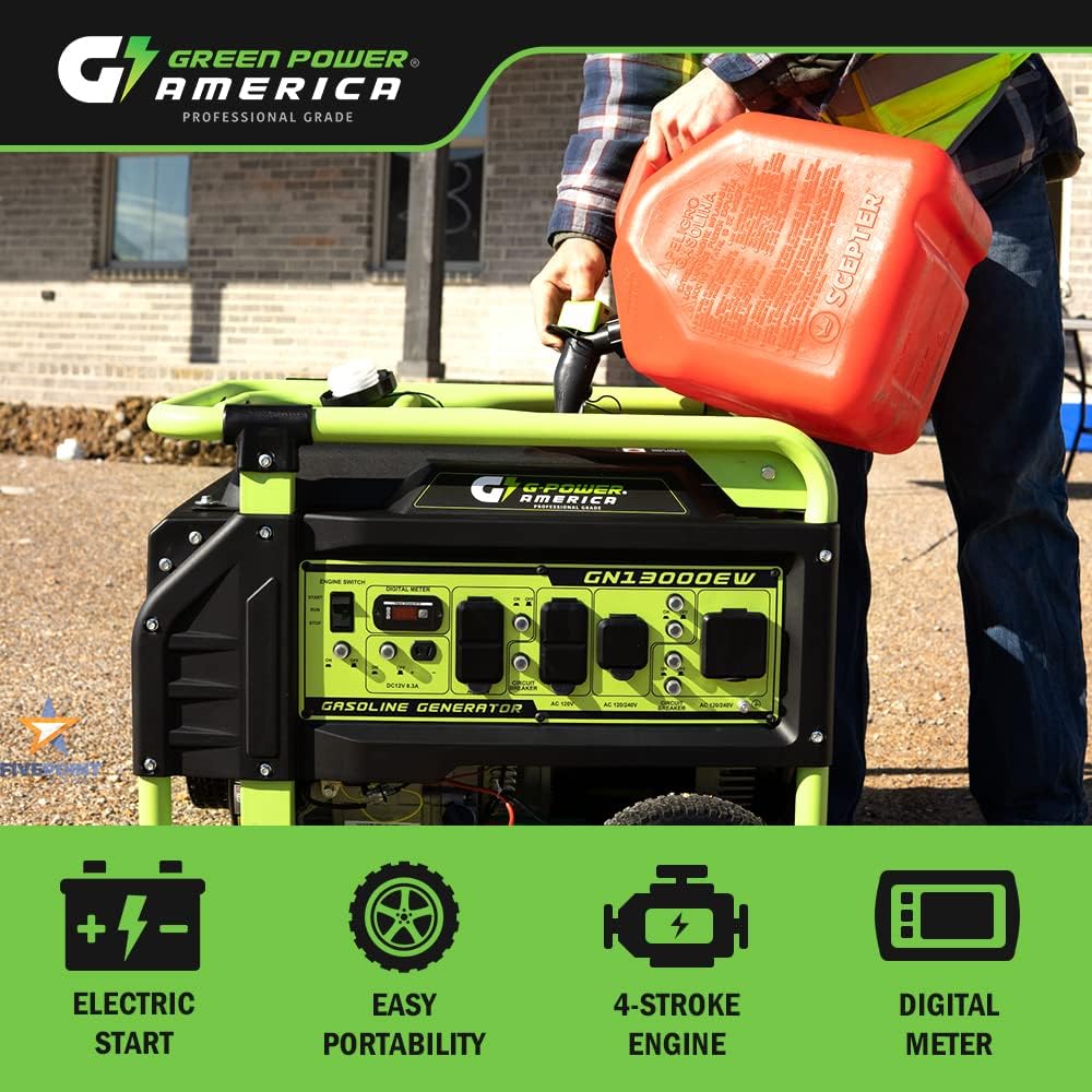Green-Power America 13000W Portable Gas Generator, Electric/Recoil Easy Start, 12V 8.3A DC Charging Port, EPA Compliant, Heavy-Duty Power Supply for Home Blackout, RV Travel & Outdoor Construction