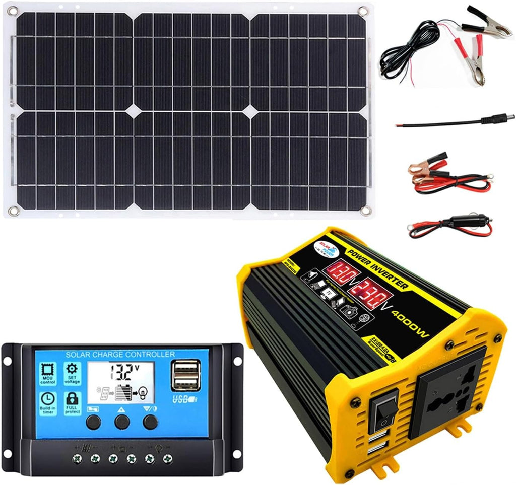 4000W 12V to 110V/220V Solar System Combination Inverter Solar Panel Kit Solar Generator Home Grid System 30A Controller + 18w12v Solar Panel (Color : Black, Size : 12V-110V)