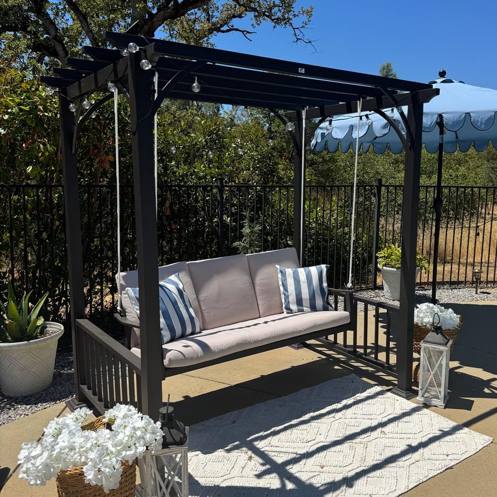 PURPLE LEAF 3-Seat Porch Swing with 12 Clear LED Lights Outdoor Metal Pergola Swing Hanging Cloud Swing Chair for Backyard Garden Patio Hammock Swinging, Cushion and Pillows Included, Coffee