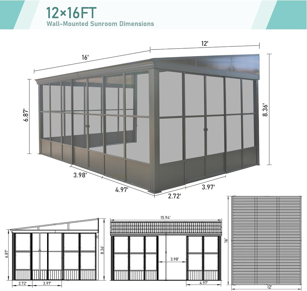 Domi 12x16FT Lean-to Sunroom, Wall Mounted Solarium with Galvanized Steel Sloping Roof, Moveable PVC Screen, Front Door&Side Sliding Door, Outdoor Permanent Gazebo Against Wall Sun Room for Patio Deck