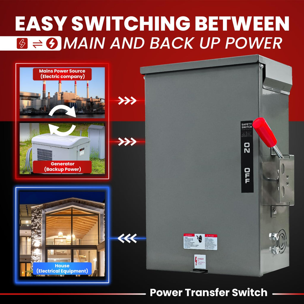 200A Generator Transfer Switch for Home Generator, 48000W Manual Double-Throw Safety Switch, 120/240-Volt, NEMA 3R for Indoor/Outdoor Use (200A 3P Grey)