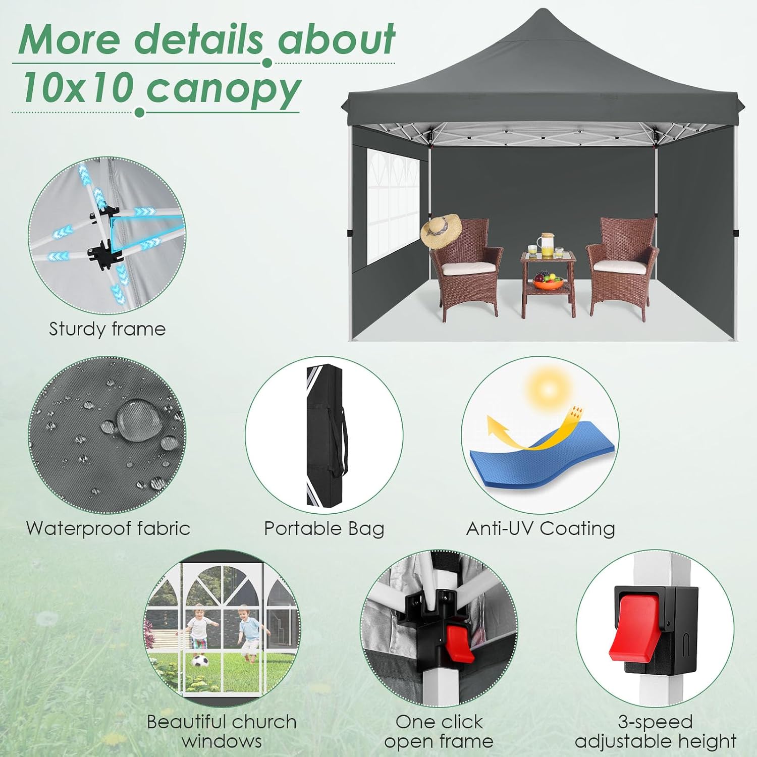 COBIZI Canopy 10x10 Pop Up Canopy Tent with 3 Sidewalls, Commercial Party Tent Ez Waterproof Outdoor Instant Gazebo UV 50+ Event Shelter, Garden Tents for Parties Camping with Sandbags, Grey