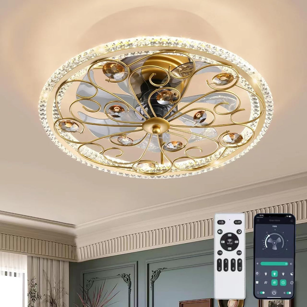 Ceiling Fans with Lights and Remote Caged Low Profile Farmhouse Ceiling Fan with Smart LED 6 Speed 3 Color Temp. Enclosed Ceiling Fan Flush Mount Fandelier for Bedroom Living Room Gold Crystal
