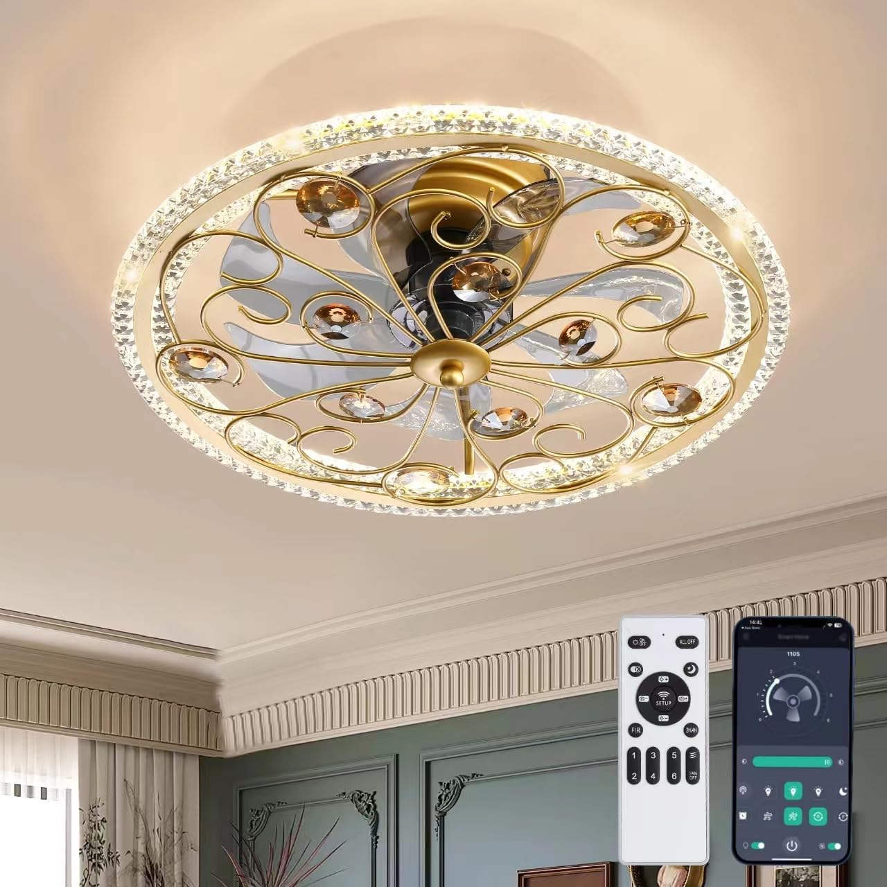 Ceiling Fans with Lights and Remote Caged Low Profile Farmhouse Ceiling Fan with Smart LED 6 Speed 3 Color Temp. Enclosed Ceiling Fan Flush Mount Fandelier for Bedroom Living Room Gold Crystal