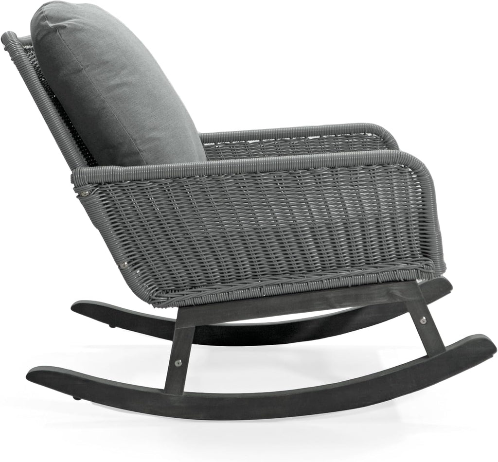 Christopher Knight Home Nadine Patio Rocking Chair, Wicker Rocker, Wood Leg Rocking Chair, PE Rattan Wicker Chair, Rocking Chair with Cushions, Comfort Wicker Rocker for Backyard Balcony Porch, Gray