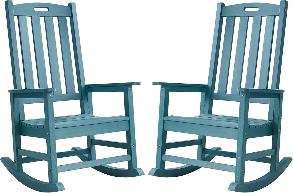 Psilvam Oversized Outdoor Rocking Chair Set of 2, Porch Rocker with 21' Wide Seat and 32' Tall Backrest, Pre-Assembled with Most Components for Effortless Installation (Blue)