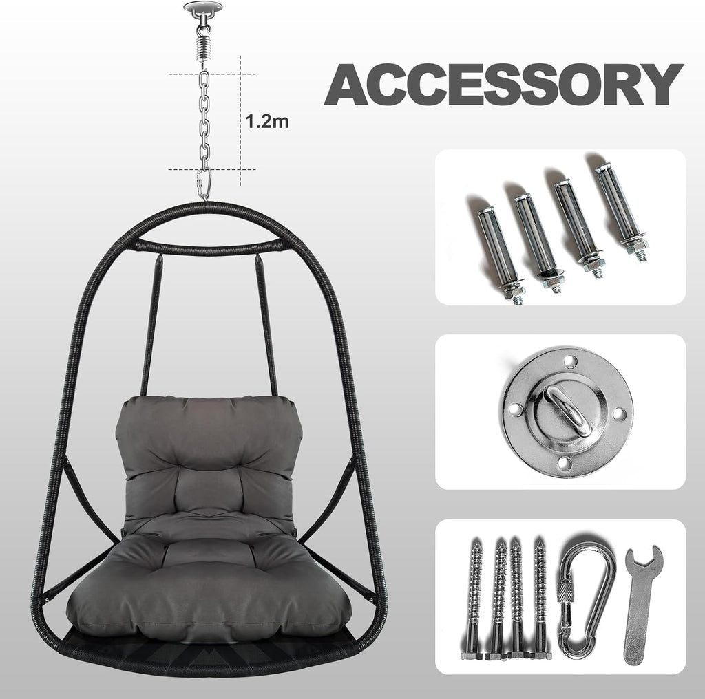 JESE Swing Egg Chair Without Stand Foldable Frame Hanging Chairs for Indoor Outside,with UV Resistant Waterproof Cushion&Cup Holder,Swing Hammock Chair for Patio,Bedroom,Balcony,Garden,Backyard,Black