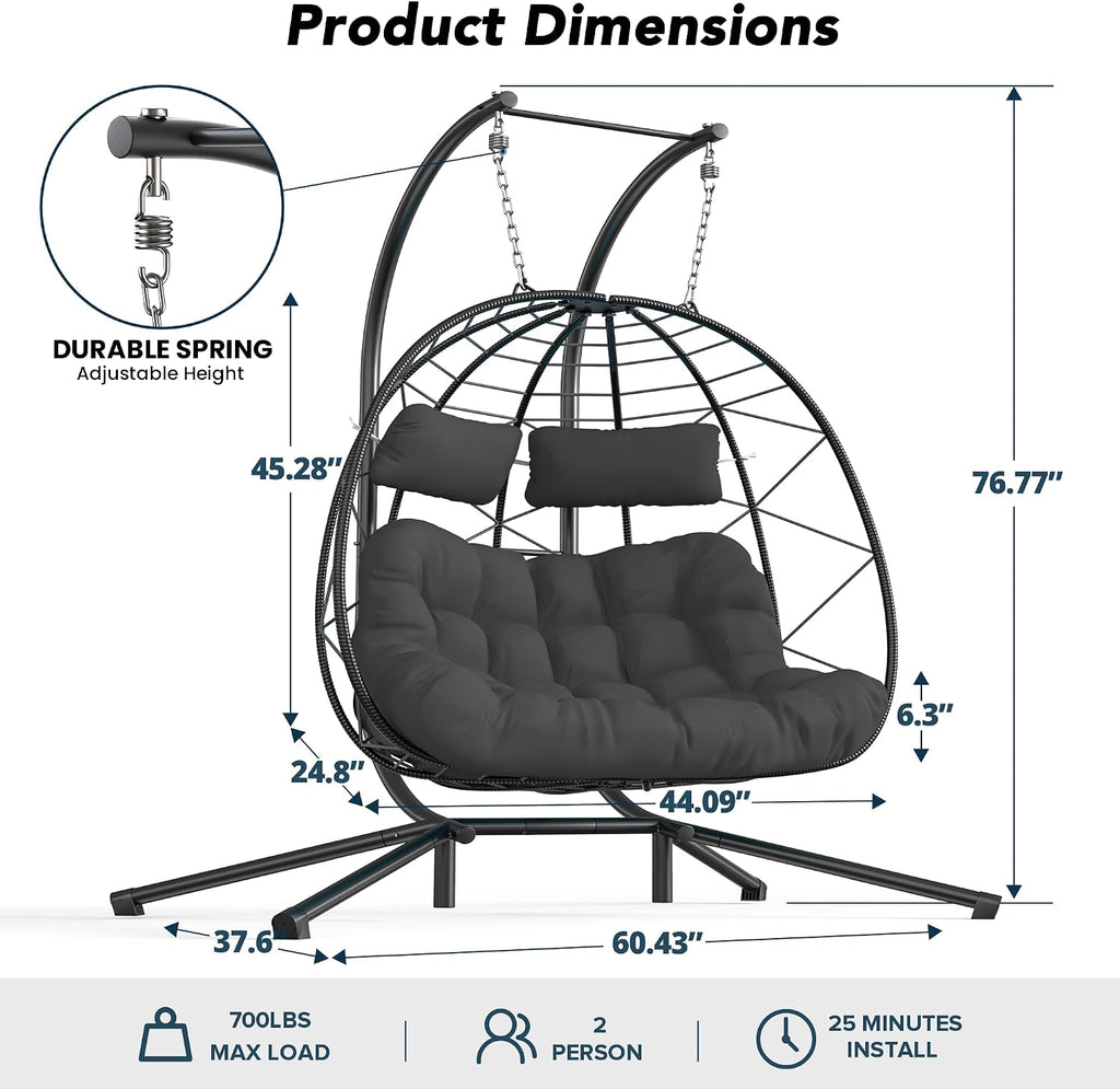 Easyego 2-Person Wicker Hanging Egg Chair with Stand- 700 lb Capacity, Indoor/Outdoor Double Egg Swing Hammock Chair for Patio, Garden, Porch, Living Room, Bedroom-Dark Grey