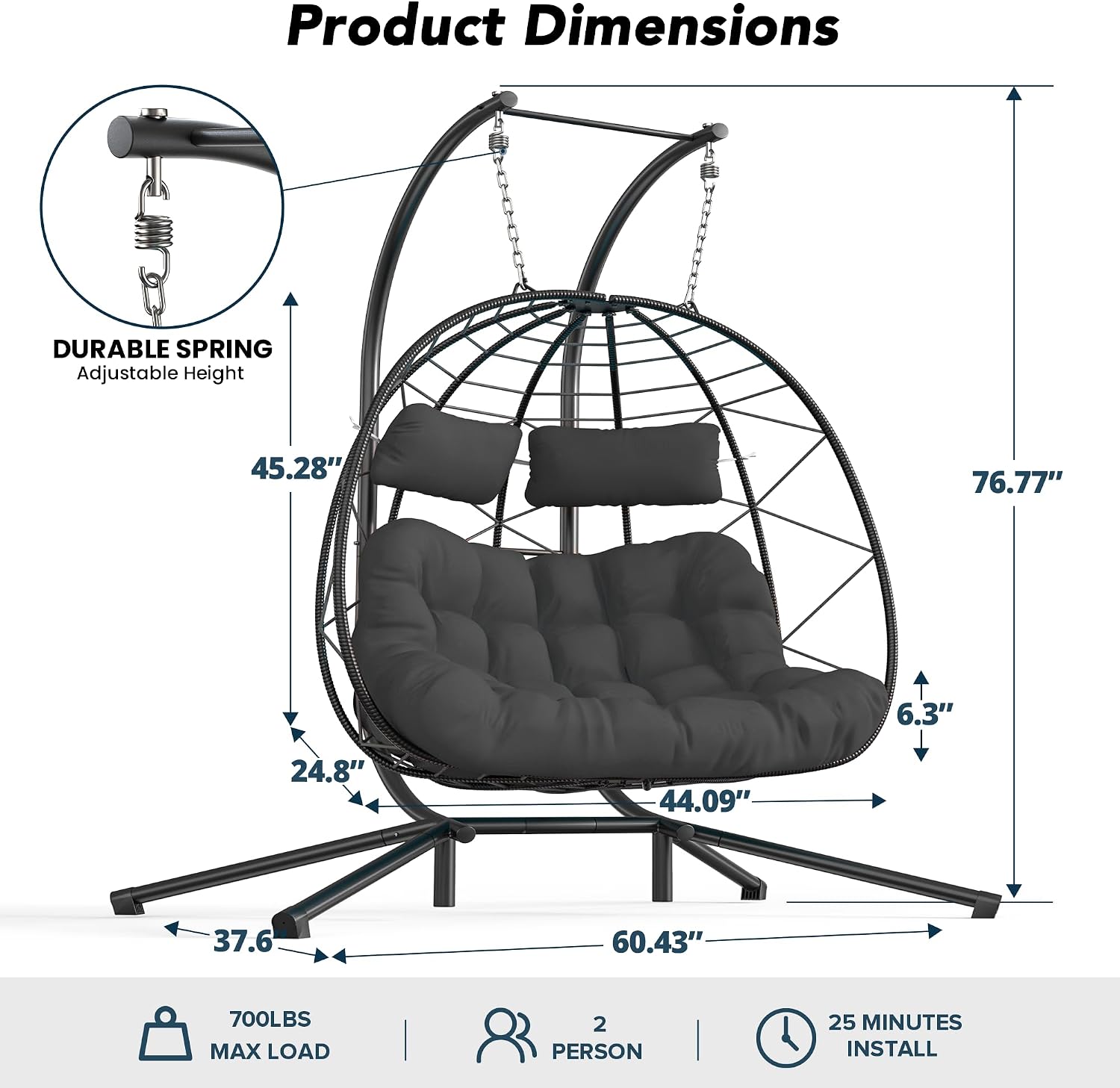 Easyego 2-Person Wicker Hanging Egg Chair with Stand- 700 lb Capacity, Indoor/Outdoor Double Egg Swing Hammock Chair for Patio, Garden, Porch, Living Room, Bedroom-Dark Grey