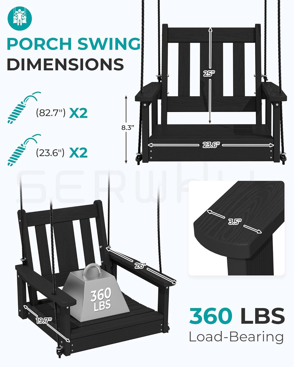 SERWALL HDPE Single Porch Swing Set of 2, Heavy Duty Single Person Swing Chair with 2 Polypropylene Hanging Ropes, Adirondack Hanging Chair for Outdoor Front Porch Patio Garden Yard, Black