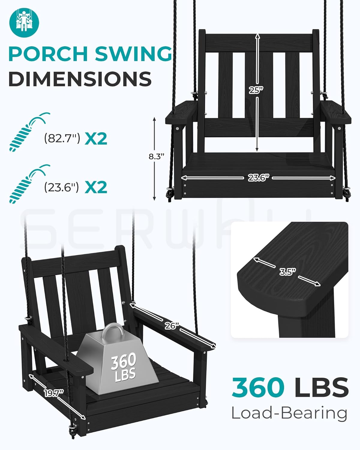 SERWALL HDPE Single Porch Swing Set of 2, Heavy Duty Single Person Swing Chair with 2 Polypropylene Hanging Ropes, Adirondack Hanging Chair for Outdoor Front Porch Patio Garden Yard, Black