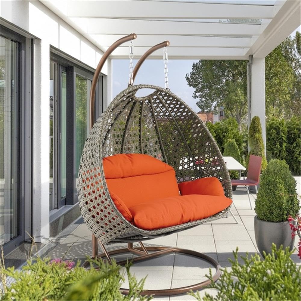 LeisureMod 2 Person Wicker Egg Chair Outdoor Indoor Bedroom Patio Hanging Lounge Swing Hammock Chairs with Beige Stand and UV Resistant Cushions, Orange