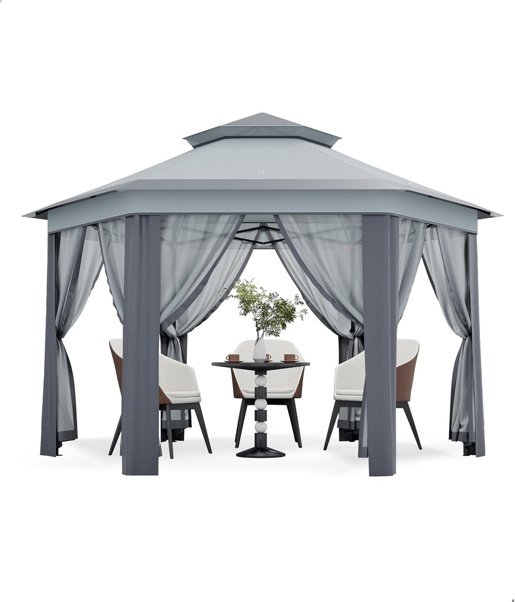 Hipicute 13 x 13 Ft Pop Up Hexagonal Gazebo, Outdoor Canopy Shelter, Pop up Gazebos Tent with Netting and Strong Steel Frame for Patio Lawn Backyard and Deck - Gray