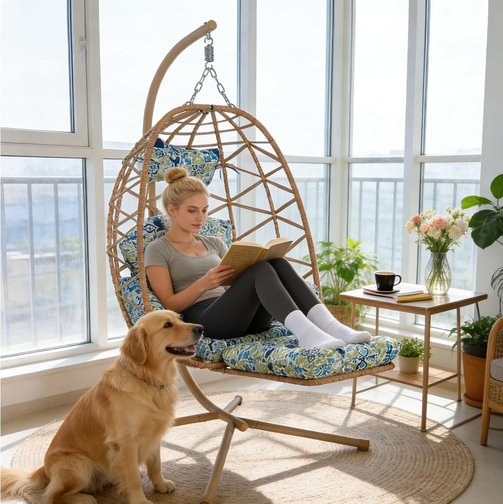 Hanging Egg Chair with Stand & Leg Rest,Rattan Wicker Swing Chair with Cushion,Patio Basket Hanging Chair Wicker Hammock Chair for Indoor Outdoor Bedroom Garden,300LBS (Yellow Rattan&Floral Cushion)