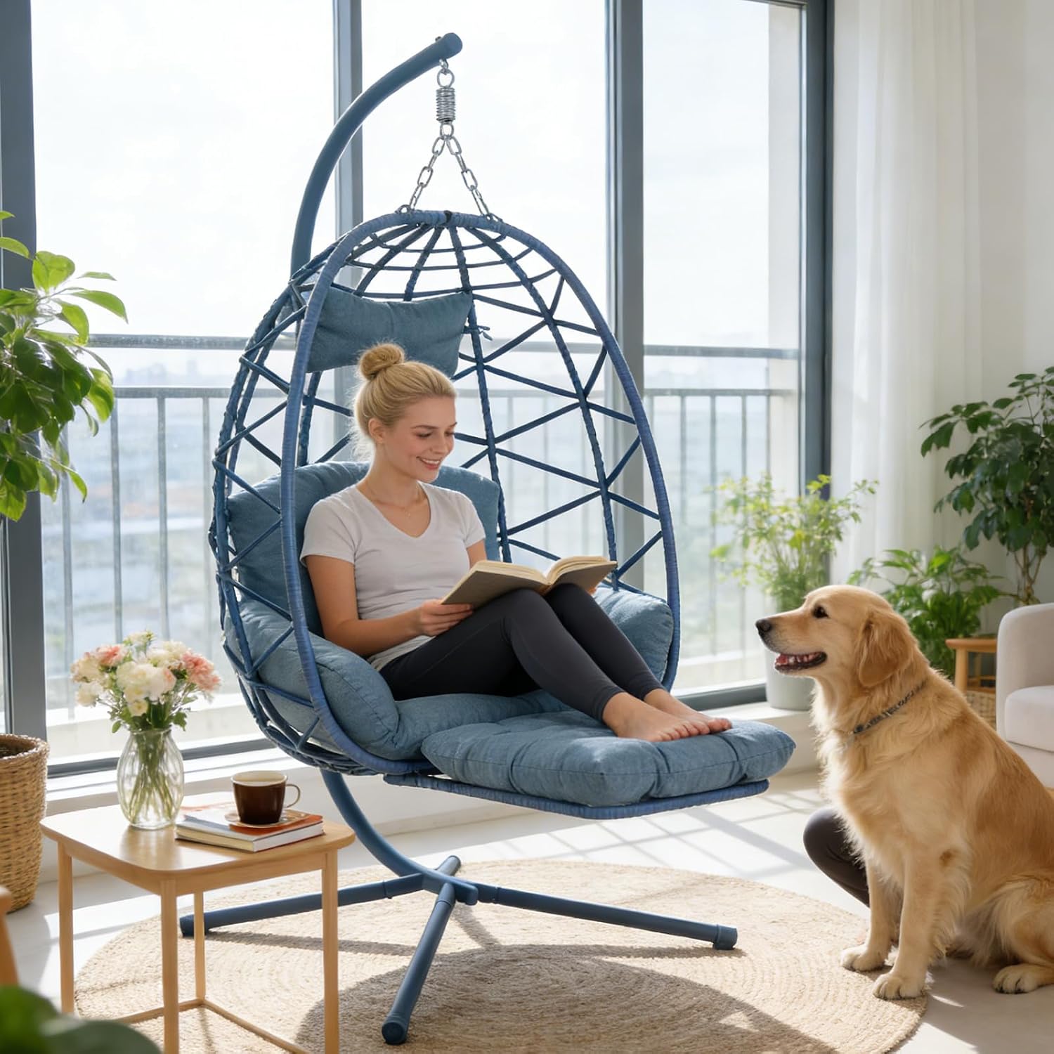 Hanging Egg Chair with Stand & Leg Rest,Rattan Wicker Swing Chair with Cushion,Patio Basket Hanging Chair Wicker Hammock Chair for Indoor Outdoor Bedroom Garden,300LBS (Blue Rattan&Blue Cushion)