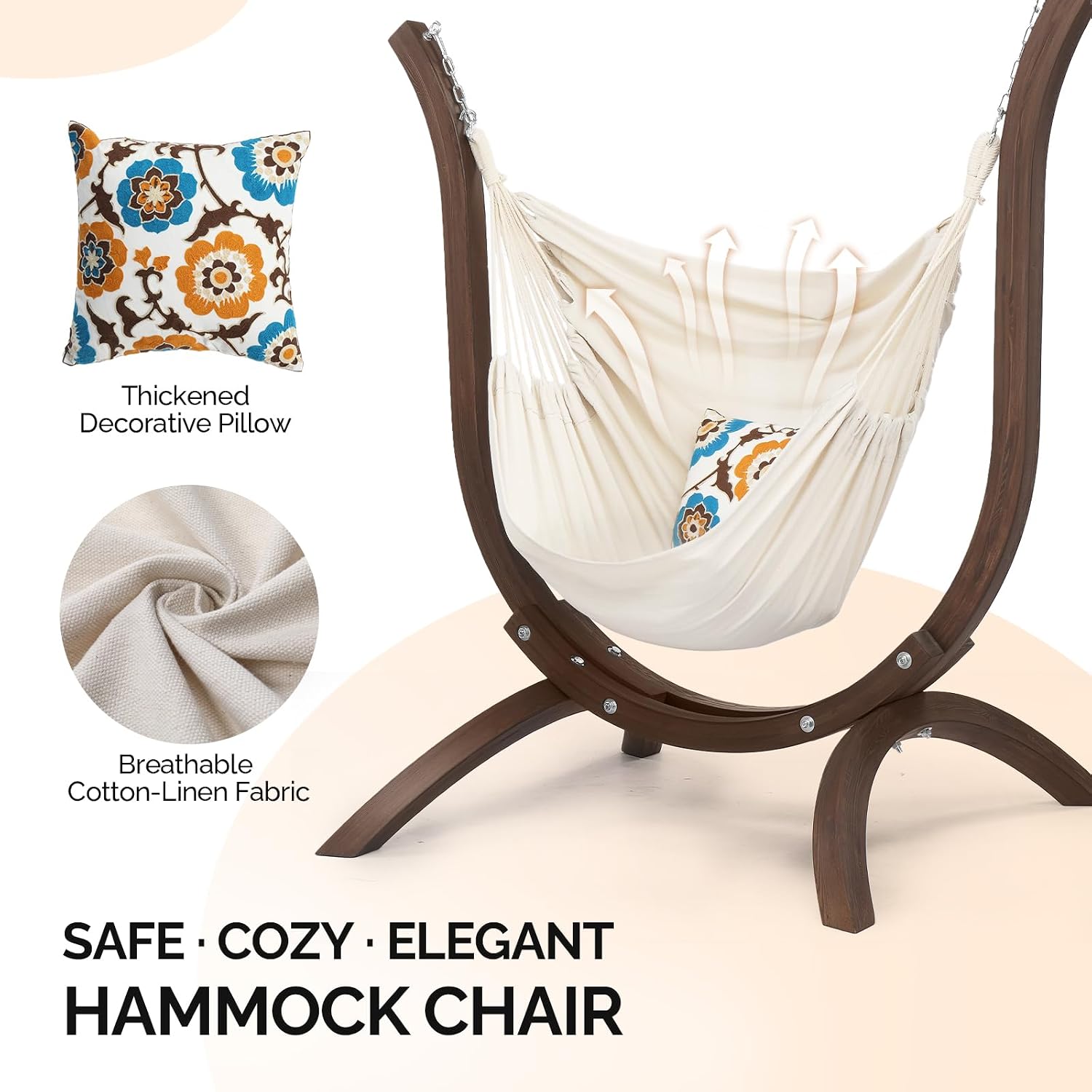 ONCLOUD 550 LBS Hand-Made Elegant Hammock Chair W/Stand, Premium Curved Wooden Hammock Stand w/Chair, One Comfy Cusion Included Hammock Set