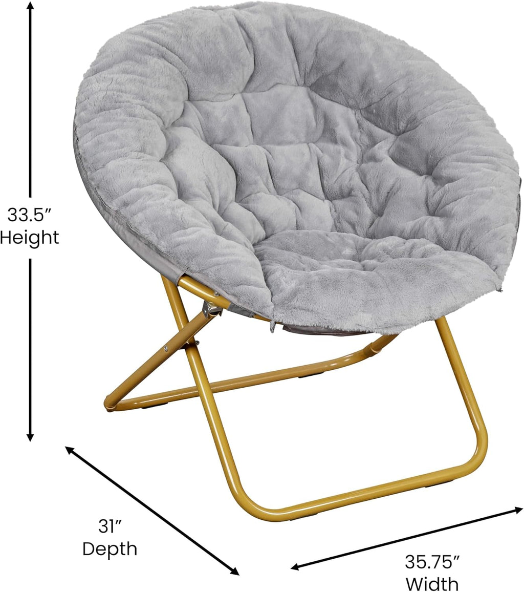 Flash Furniture Gwen Oversize Folding Saucer Chair with Ottoman, Faux Fur Moon Chair, Durable Steel Frame, for Dorm and Bedroom, 38', Gray/Soft Gold