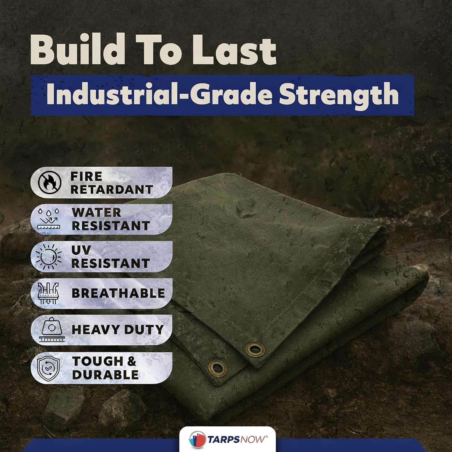 Tarps Now 20x40 Ft Fire Retardant Canvas Tarp with Brass Grommets - 27 Mil Industrial Grade Heavy Duty Tarp for Camping, Construction, Residential, and Agriculture - 16oz, Olive Drab
