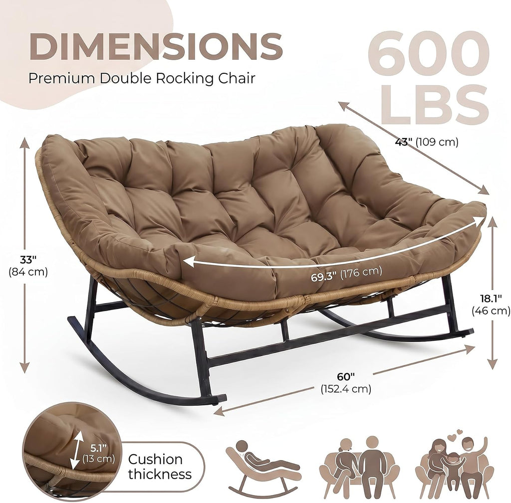 BULEXYARD Double Papasan Rocking Chair Indoor Outdoor, 2 Person Wicker Rocking Egg Chair with Cushions for Relaxing/Napping, Heavy Duty Cozy Patio Lounge Loveseat for Balcony, Porch, Brown