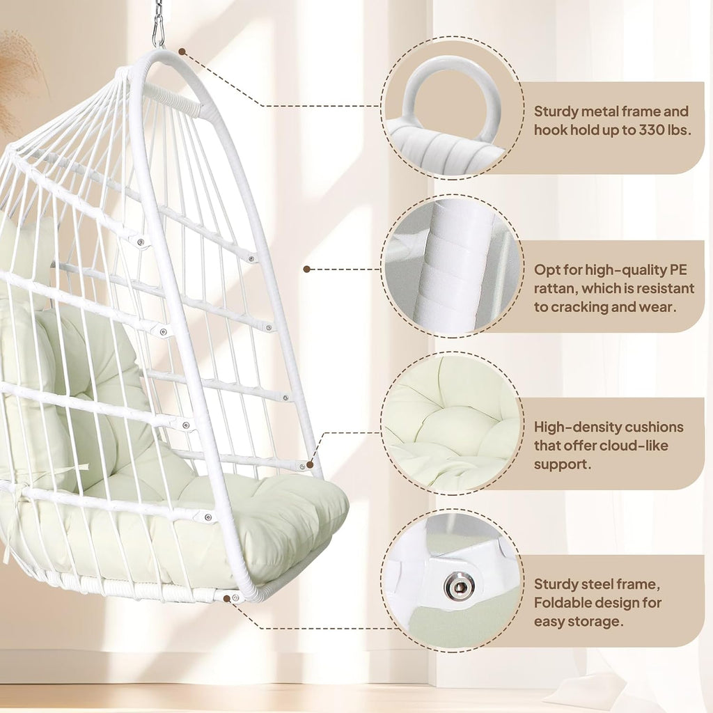 Chihee Egg Chair with Ultra Strong Stand and Cushion Foldable Wicker Rattan Hanging Chair Indoor Outdoor Patio Lounging Chair 330 lbs Capacity Balcony Porch Bedroom Garden
