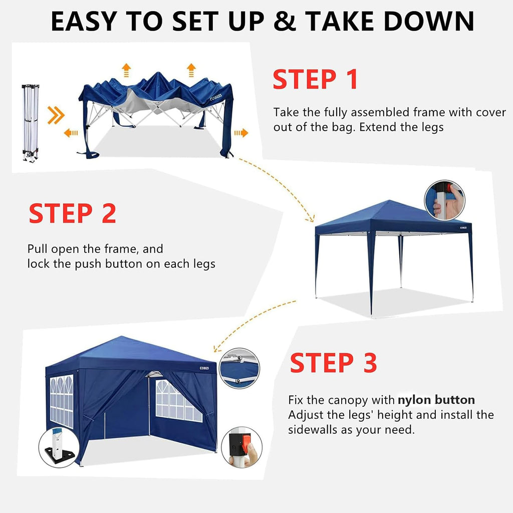 COBIZI 10x10 Pop Up Canopy Tent with 4 Removable Sidewalls, UPF 50+ Waterproof 10x10 Outdoor Portable Canopy for Commercial, Parties, Backyard, Beach with Carry Bag, Ropes, Stakes (Navy Blue, 10'x10')