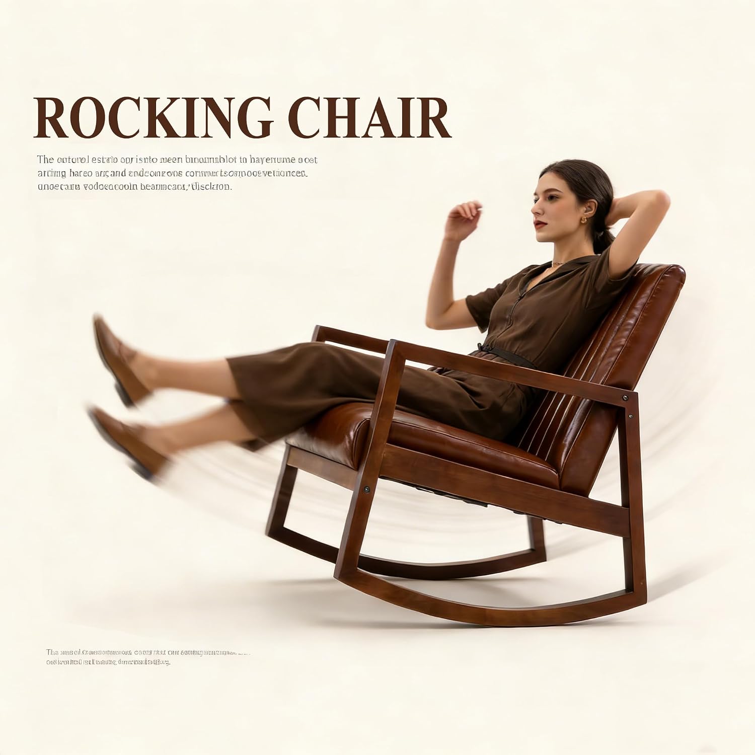 VESCASA Upholstered Rocking Chair with Channel-Tufted Back, Mid-Century Modern Comfy Oil Wax PU Leather Rocker with Black Walnut Wood Frame for Nursery Living Room Bedroom Indoor, Brown