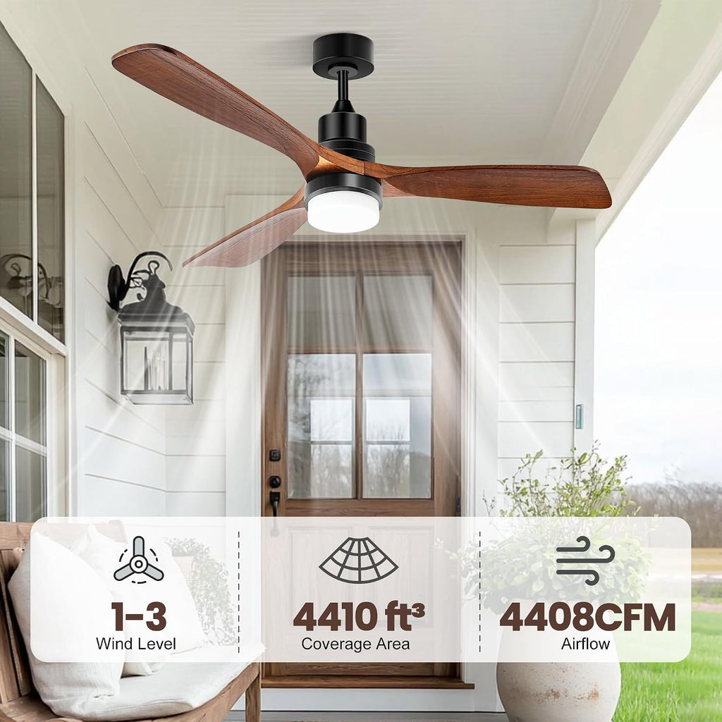 Solar Ceiling Fan 42' for Outside 3 Speeds, Outdoor Ceiling Fans with Light & Battery, Quiet Wood Walnut Fan with Adjustable Thermostat for Gazebo, Patios
