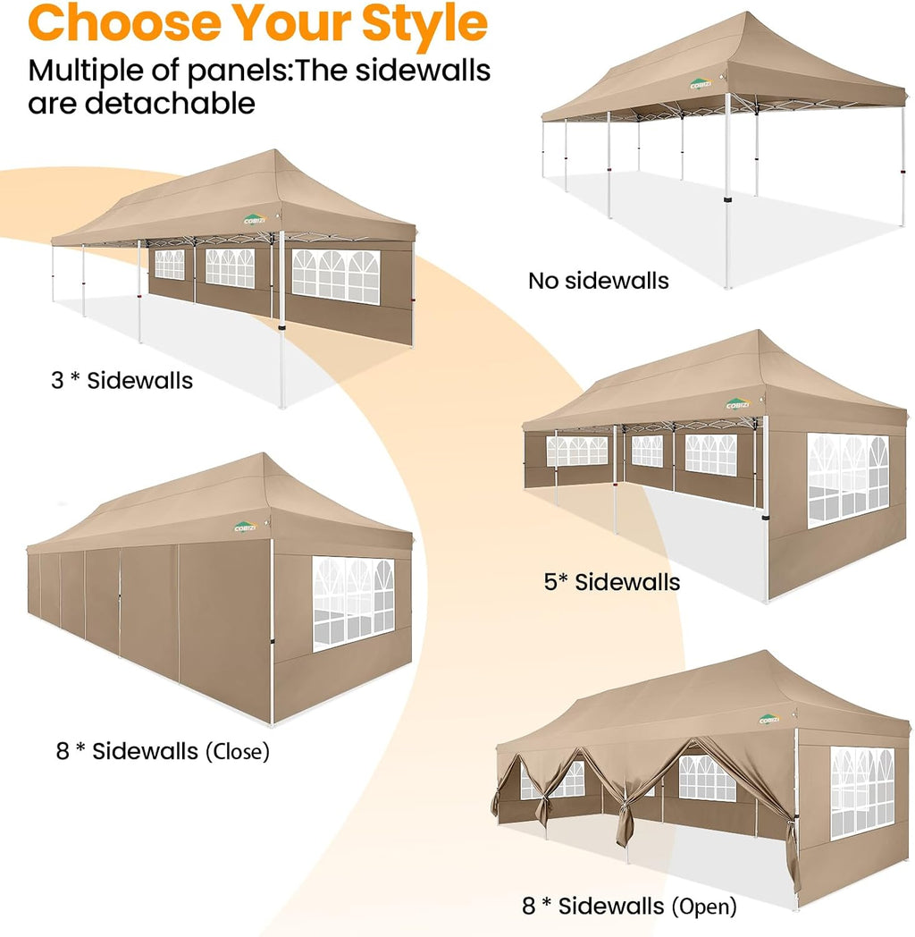 COBIZI 10x30 Pop up Canopy with Roller Bag & 8 Removable Sidewalls, Canopy Tent for Parties, Wedding, and Commercials, Waterproof and Instant Shelter UV50+ Outdoor Gazebo with 4 Sandbags(Khaki)