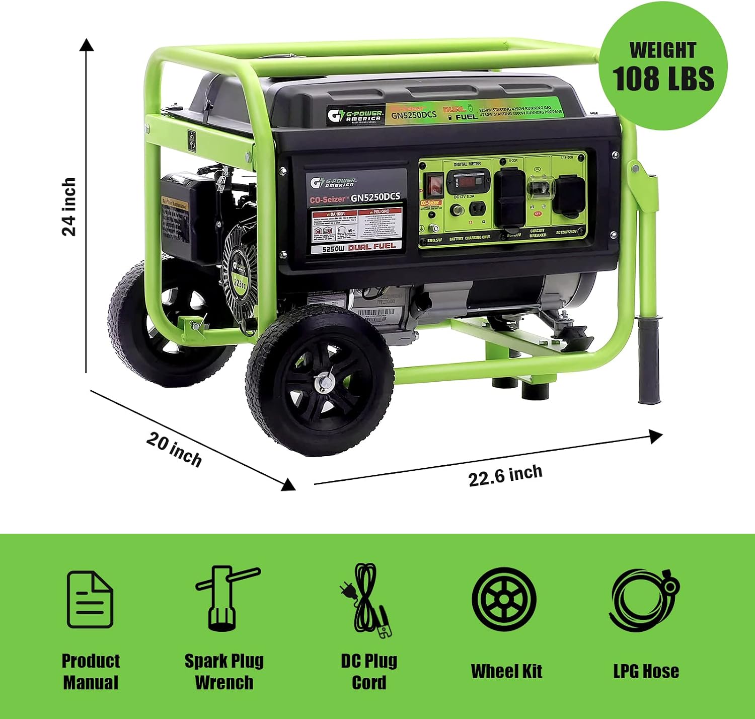 Green-Power America 5250 Watt Dual Fuel Portable Generator, Gas & Propane, Manual Start, CO Protection System, Home Backup Power, RV Ready