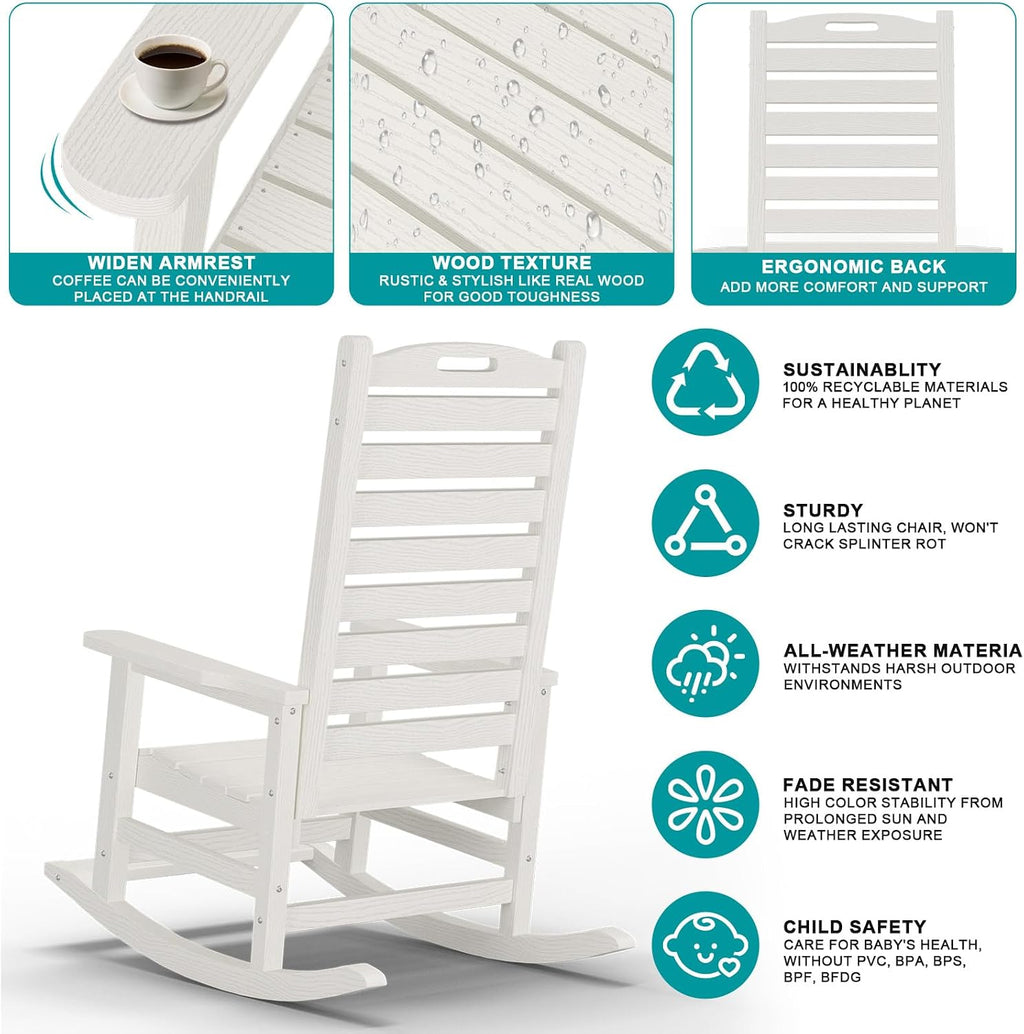 PLUUV Outdoor Rocking Chair Set of 2 with Removable Footboard for Adults, HDPE High Back Patio Rocking Chairs, 330lbs All Weather Porch Rocking Chairs for Outdoor & Indoor -White