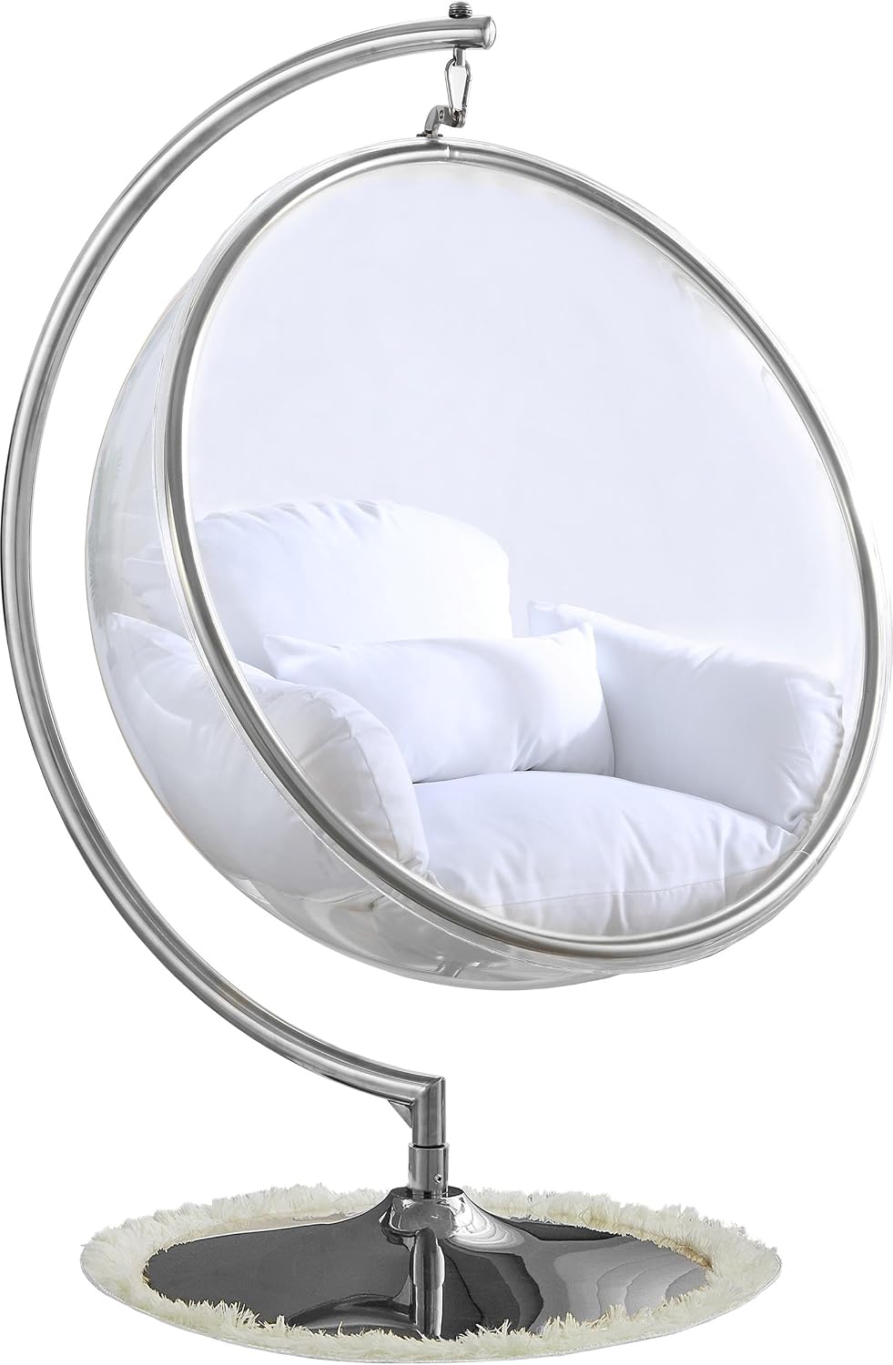 Meridian Furniture 507White Luna Collection Modern | Contemporary Clear Acrylic Accent Swing Chair with Durable Metal Base and Fabric Seat, White, Chrome Finish, 41.5' W x 29.5' D x 64' H