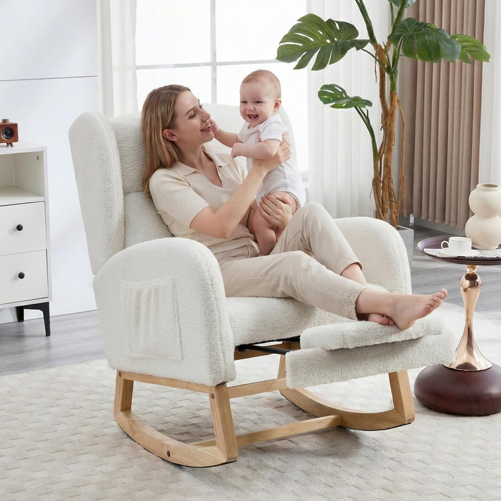 NIOIIKIT Nursery Rocking Chair with Footrest, Teddy Upholstered Glider Chair, Rocker Nursery Chair with Side Pocket, Glider Rocker, Accent Reading Chair for Living Room (White Teddy)