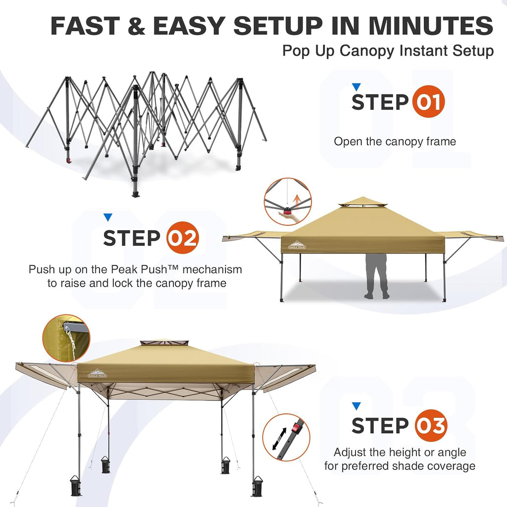 EAGLE PEAK 17x10 Pop up Gazebo Canopy Tent Outdoor Instant Canopy Shelter with Adjustable Dual Half Awnings (Beige)