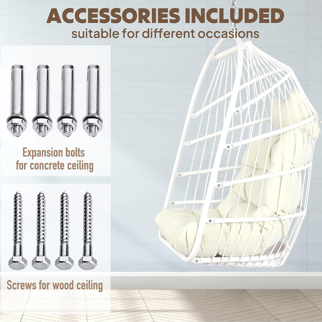 Chihee Egg Chair Foldable Wicker Rattan Hanging Swing Chairs Indoor Outdoor Patio Wicker Chair Hammock Chair with Stainless Steel Hanging Kit Chain Link UV Resistant Cushion Bedroom Balcony