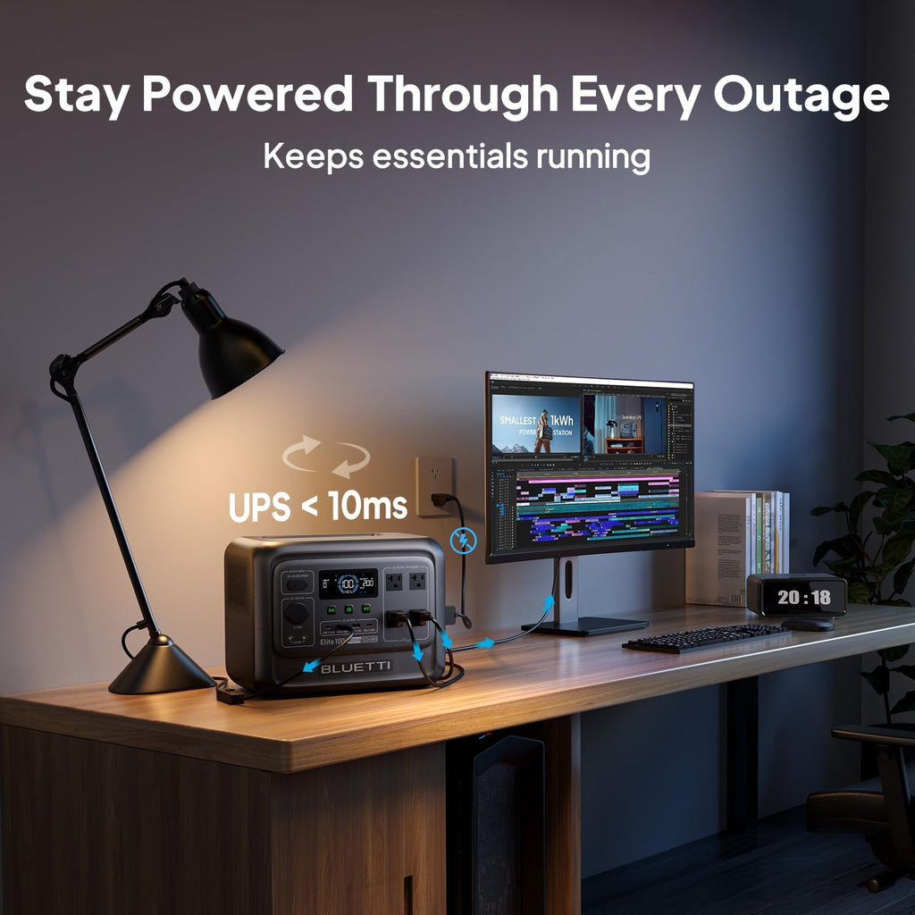 BLUETTI Elite 100 V2 Portable Power Station with AC Cable, 1024Wh LFP Battery Solar Generator w/ 4 1800W AC Outlets (3600W Surge) Backup, 35% Smaller for Camping, RV, Outages (Solar Panel Optional)
