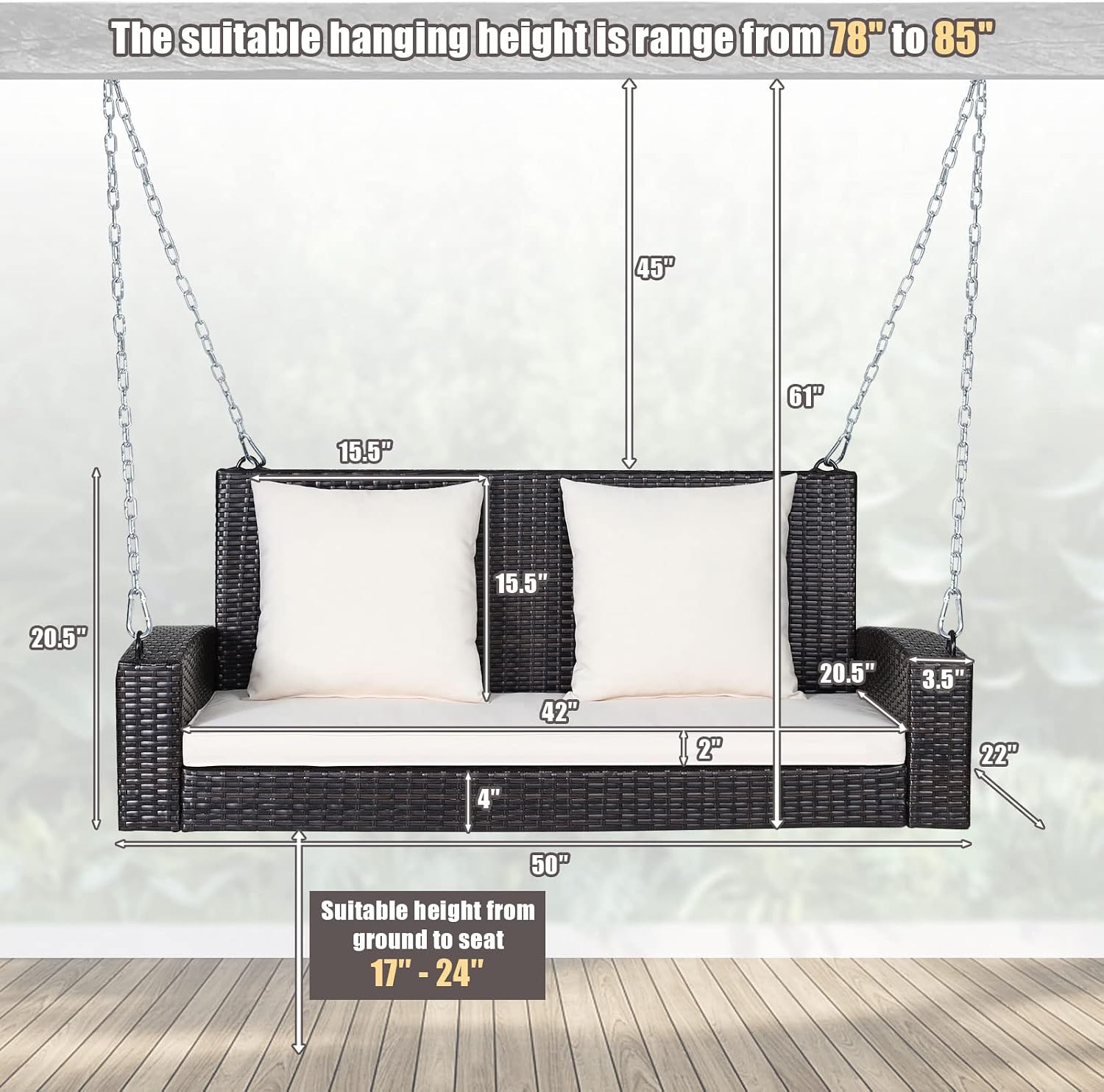 Tangkula 2-Person Wicker Porch Swing, Patiojoy Outdoor Rattan Hanging Swing Bench W/ 2 Back Cushions & 1 Seat Cushion, Sturdy Steel Chain, 800lbs Weight Capacity