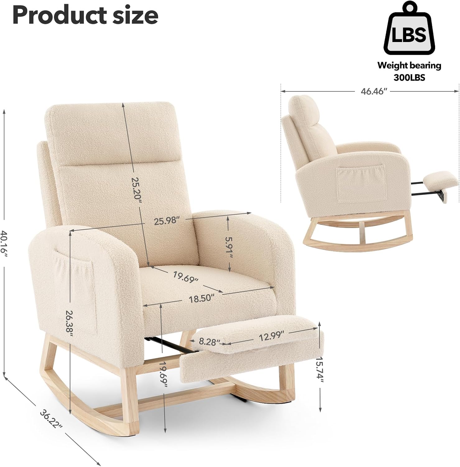 Rocking Chair Nursery, Modern Upholstered Glider Rocker with Side Pocket, High Backrest Padded Seat Accent Armchair for Living Room, Nursery, Bedroom (Off-White)