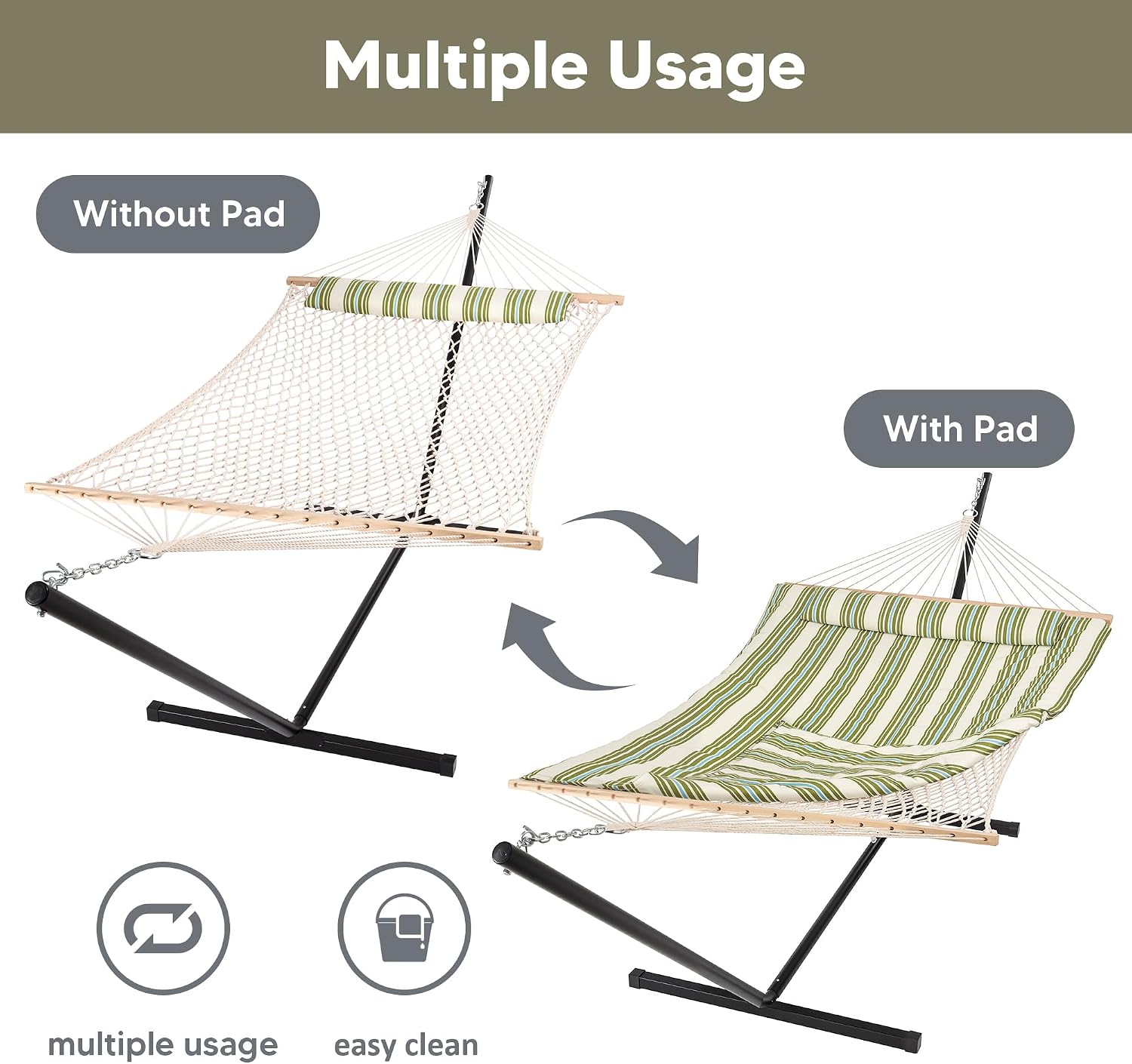 SUNCREAT Cotton Rope Hammock for Two People with Carrying Bag, Quilted Fabric Pad & Detachable Pillow, Extra Large Hammock with 12 FT Steel Stand, Ipad Bag & Cup Holder, Green&Beige