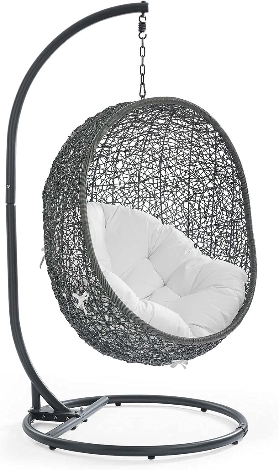 Modway Hide Wicker Rattan Outdoor Patio Porch Lounge Egg Swing Chair Set with Stand in Gray White
