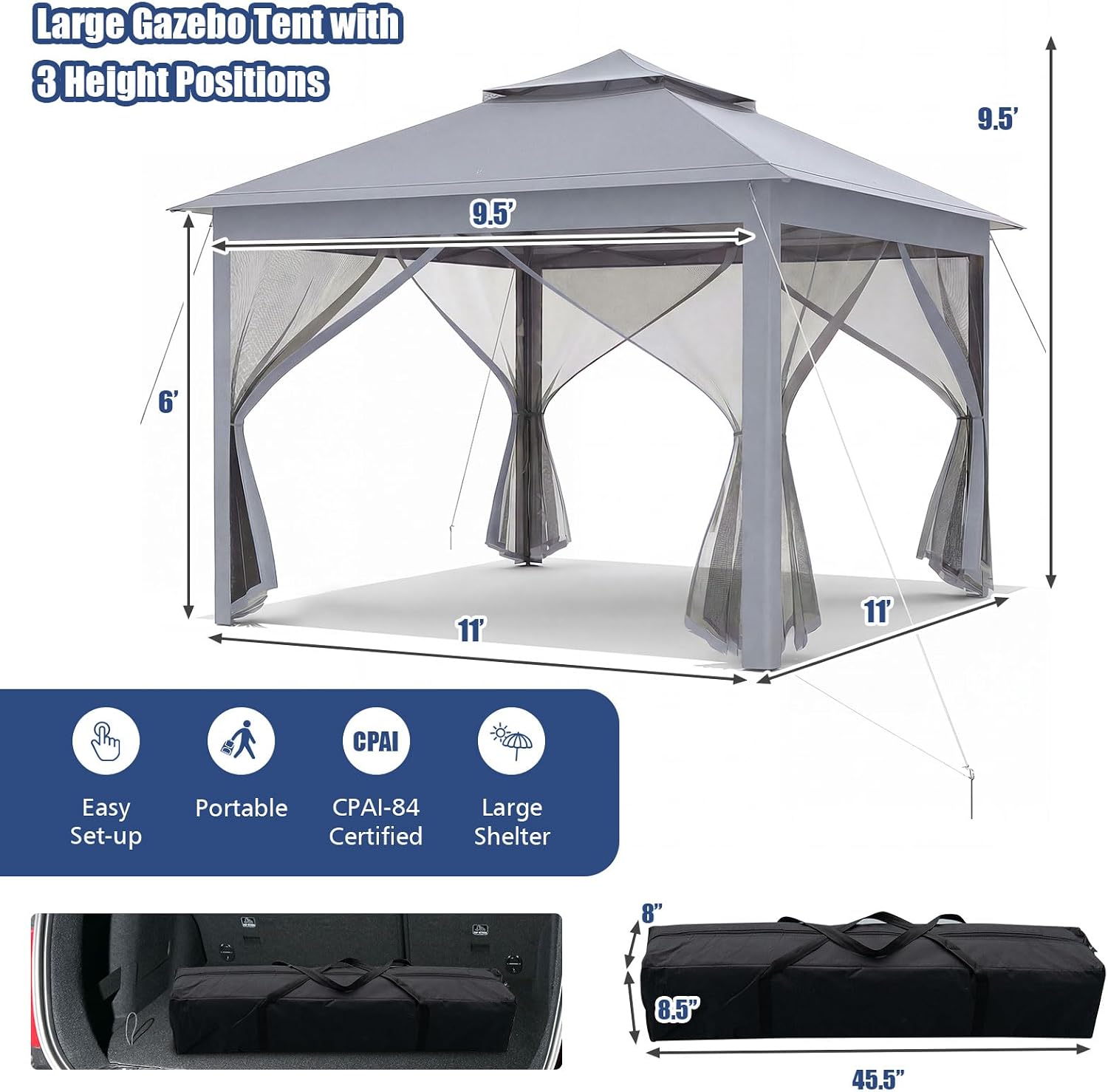 Tangkula 11x11 Ft Pop up Gazebo, 2-Tier Outdoor Patio Gazebo with Netting, Carry Bag, 121 Square Feet of Shade for Backyard, Deck, Poolside