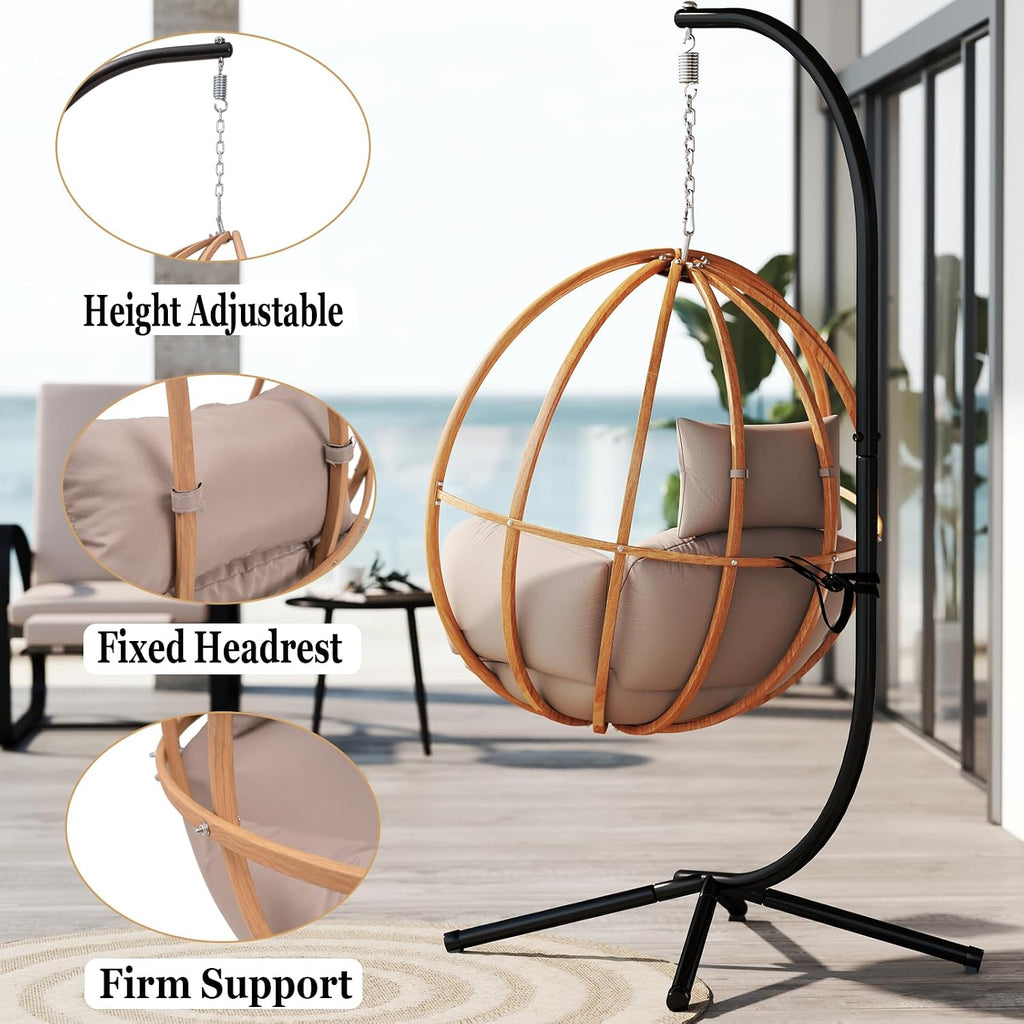 Egg Chairs with Stand, Egg Swing Chair Outdoor, Hanging Swinging Chairs with Stand for Balcony, Swing Egg Chair with Cushion 400LBS Capacity, Brown