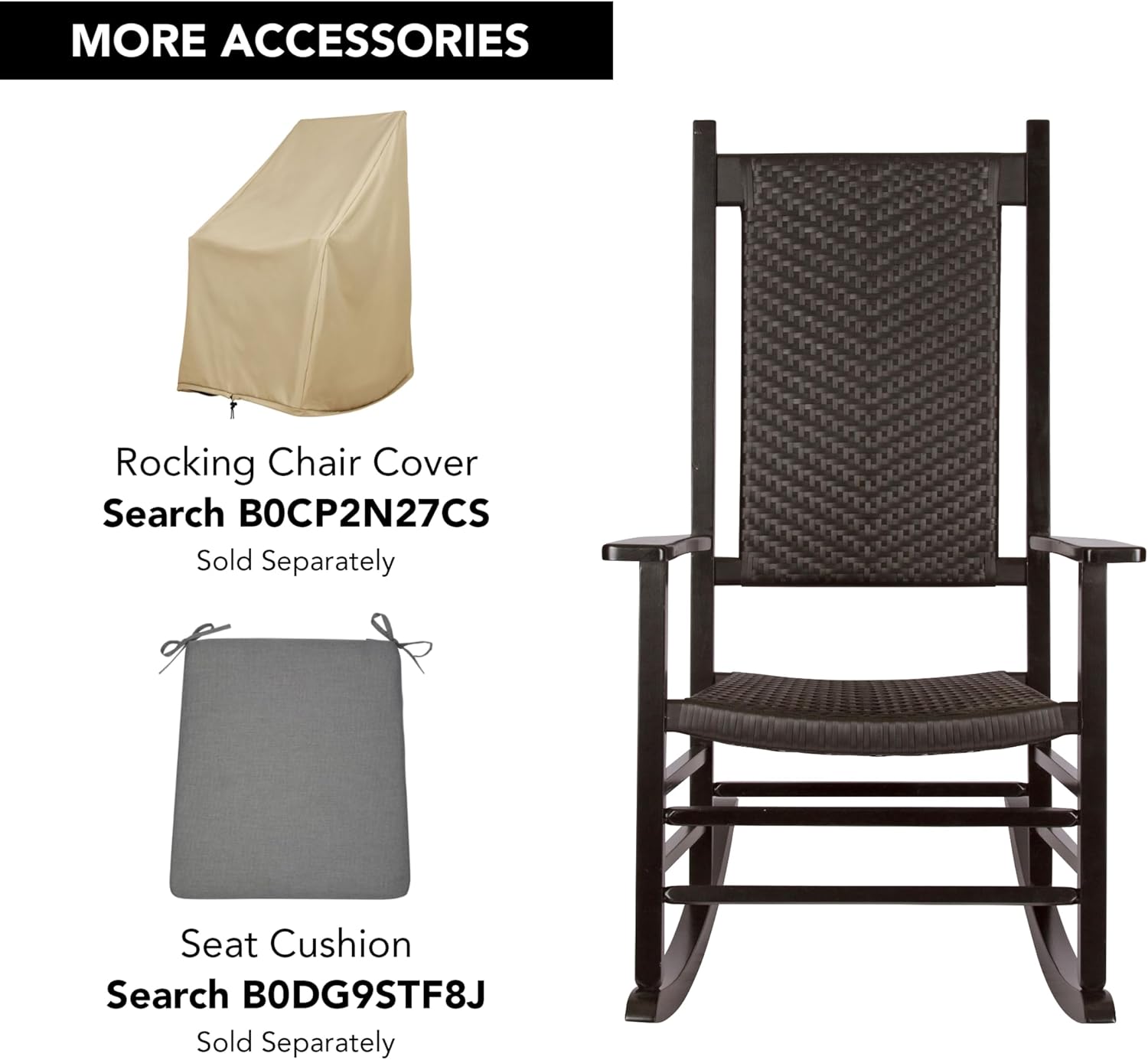 Shine Company Set of 2 Hampton Porch Rockers, High Back Wood Rocking Chairs, Rattan Backrest & Seat, 2-Pack, Black