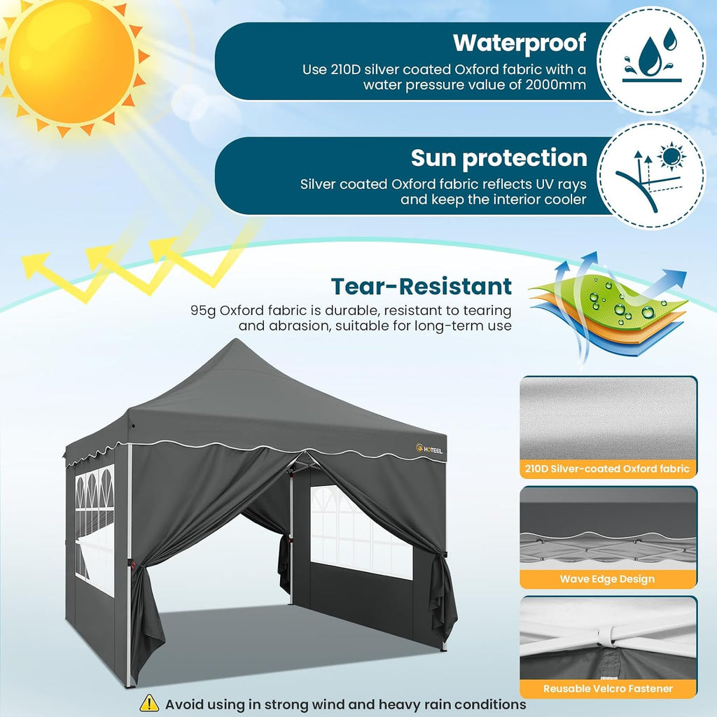 HOTEEL Canopy Tent 10x10 Pop Up Canopy with 4 Removable Sidewalls, Sandbags, Stakes & Ropes, UPF 50+ Easy Setup Canopy Tent Waterproof Outdoor Instant Portable Shelter for Party, Events, Vendor, Gray